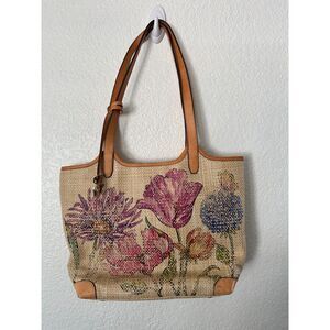 Brighton Enchanted Garden "Naya" Floral Hand Woven Straw Shoulder Bag Tote